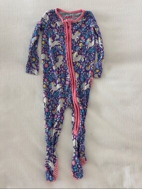 Ruffle Butts Purple Unicorn Footed One-Piece Pajamas with Pink Trim